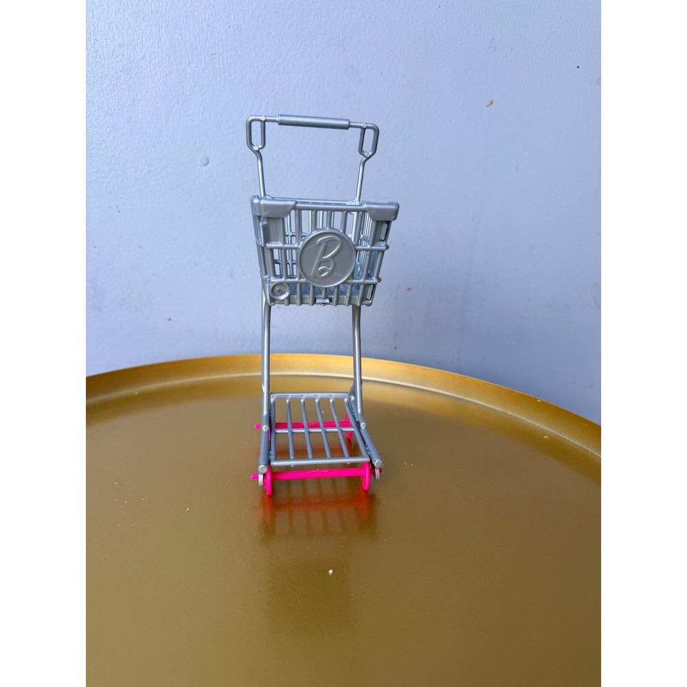 Barbie Silver Grocery Shopping Cart Toy with Pink Rolling Wheels B Logo Logo